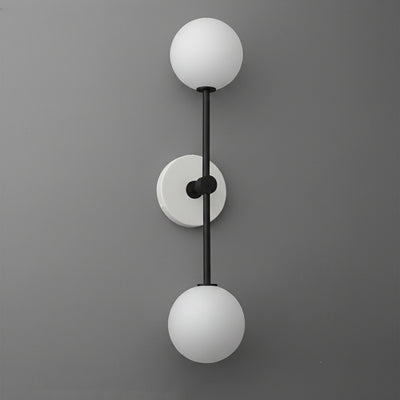 Modern black metal sconce with two frosted white glass globes and round wall mount. - SCONCE MODEL NO. 9776