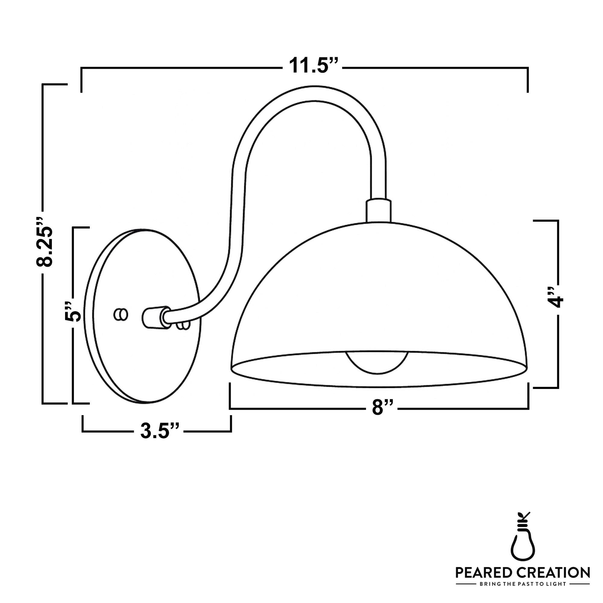 Antique brass dome-shaped wall sconce with curved arm and round backplate, 11.5" wide. - SCONCE MODEL NO. 9092