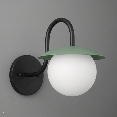 Matte black metal wall sconce with curved arm and matte green flat dome shade over white frosted glass globe bulb cover. - SCONCE MODEL NO. 2206