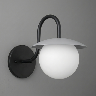 Black metal wall sconce with curved arm and frosted white glass globe shade with flat metal top cover. - SCONCE MODEL NO. 2206