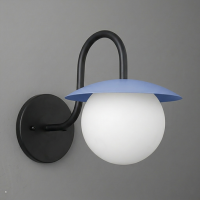 Black metal wall sconce with curved arm and frosted white glass globe shade topped by a flat blue metal cap. - SCONCE MODEL NO. 2206