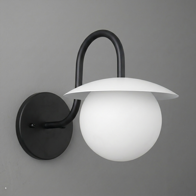 Matte black metal wall sconce with curved arm and white frosted glass globe shade. - SCONCE MODEL NO. 2206