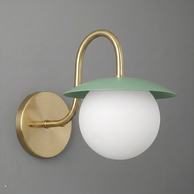 Wall sconce with brushed brass arm and round base, featuring frosted white globe and sage green metal shade. - SCONCE MODEL NO. 2206
