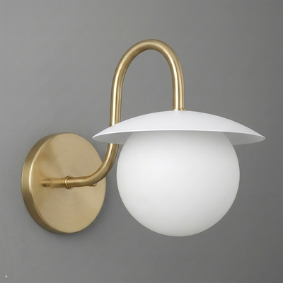 Wall sconce with a round white glass globe shade, brushed brass circular backplate, and curved brass arm. - SCONCE MODEL NO. 2206