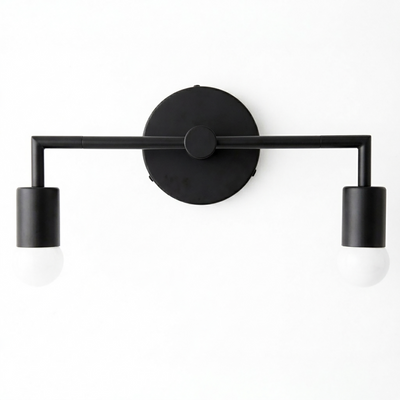 Matte black Scandinavian vanity light with two bare bulb sockets and a circular wall mount. - VANITY LIGHT MODEL NO. 1561