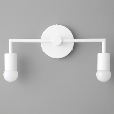 White Scandinavian-style vanity light with two exposed bulbs and a round wall mount. - VANITY LIGHT MODEL NO. 1561