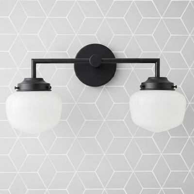 Two-bulb black metal vanity light with round frosted white glass globes and minimalist geometric design. - VANITY LIGHT MODEL NO. 0276