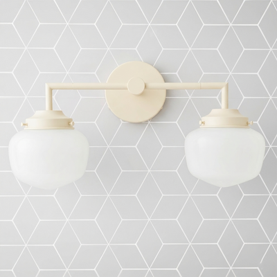 Matte cream-colored metal vanity light with two round white glass globes on straight horizontal bar. - VANITY LIGHT MODEL NO. 0276