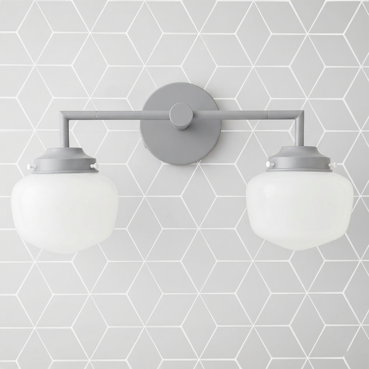 Two-bulb vanity light with matte gray metal frame and round white glass globe shades. - VANITY LIGHT MODEL NO. 0276
