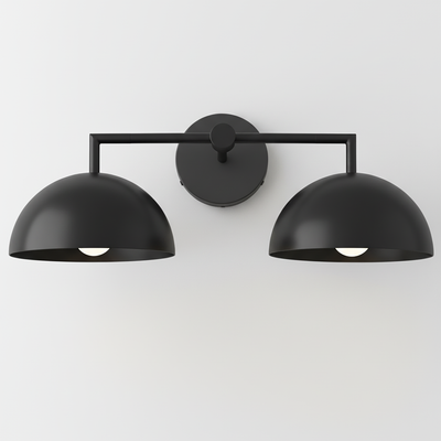 Matte black double dome vanity light with clean, modern lines and two exposed bulbs. - VANITY LIGHT MODEL NO. 6074