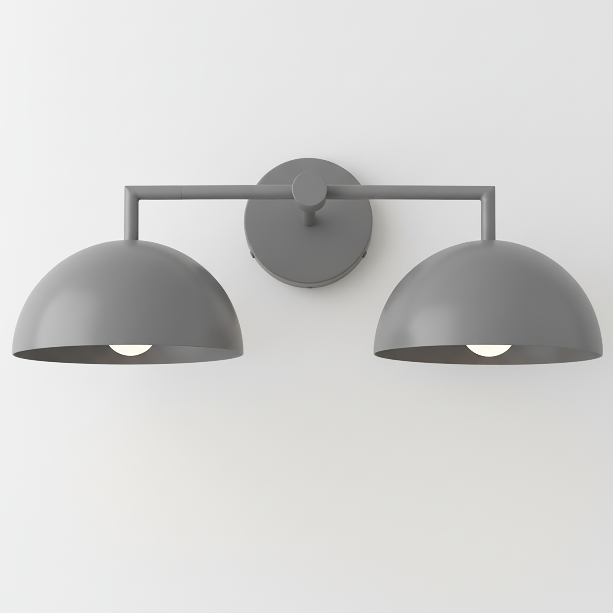 Matte gray double dome shade vanity light with horizontal bar and round wall mount. - VANITY LIGHT MODEL NO. 6074