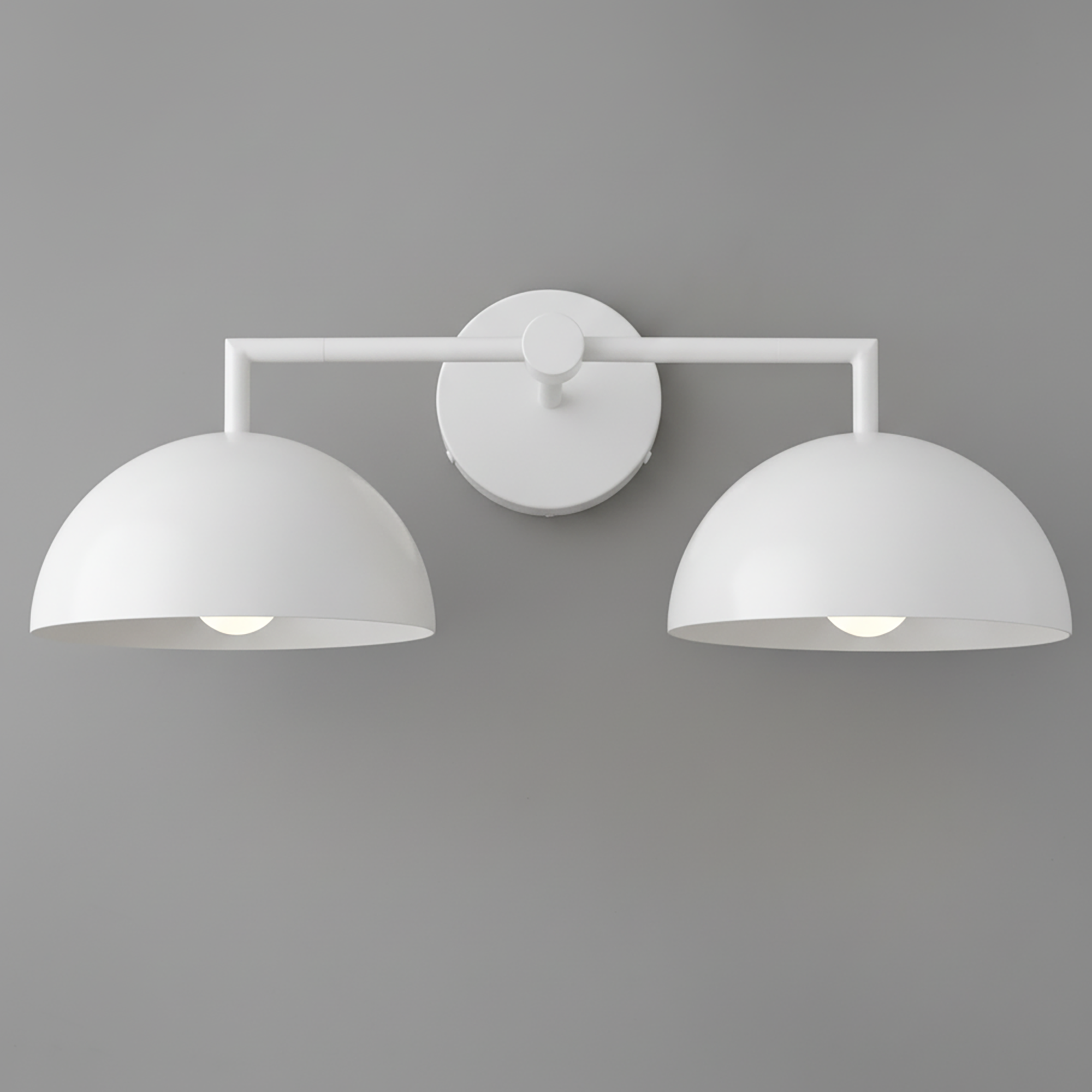 White double dome vanity light with minimalist round backplate and horizontal connecting bar. - VANITY LIGHT MODEL NO. 6074