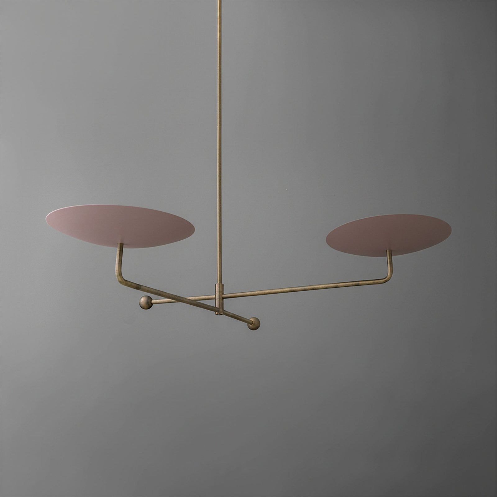 Modern chandelier with two flat circular pink shades on a slim gold metal frame. - CHANDELIER MODEL NO. 0680