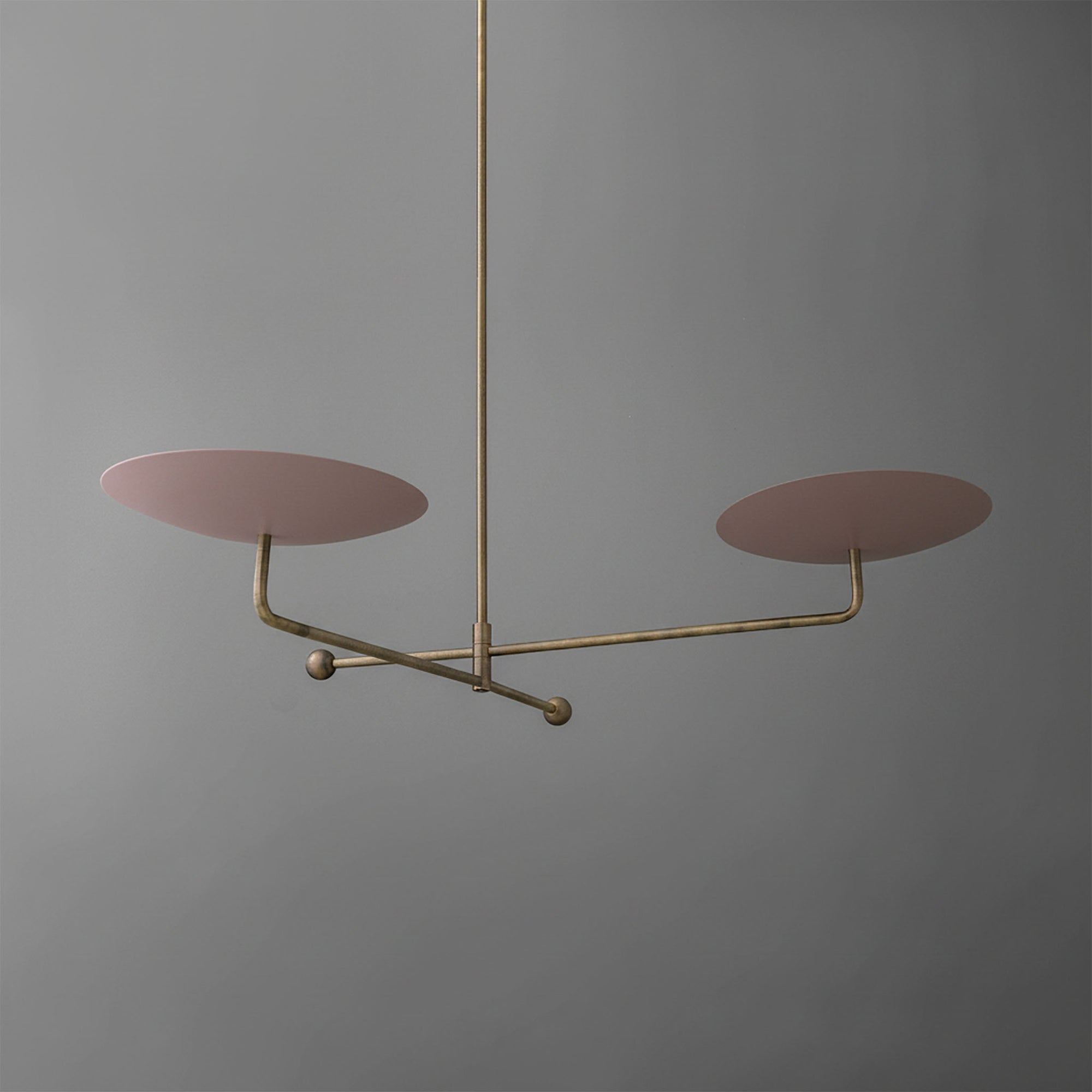 Modern chandelier with two flat circular pink shades on a slim gold metal frame. - CHANDELIER MODEL NO. 0680
