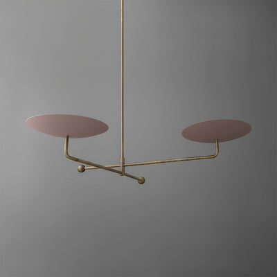Modern chandelier with two flat circular pink shades on a slim gold metal frame. - CHANDELIER MODEL NO. 0680