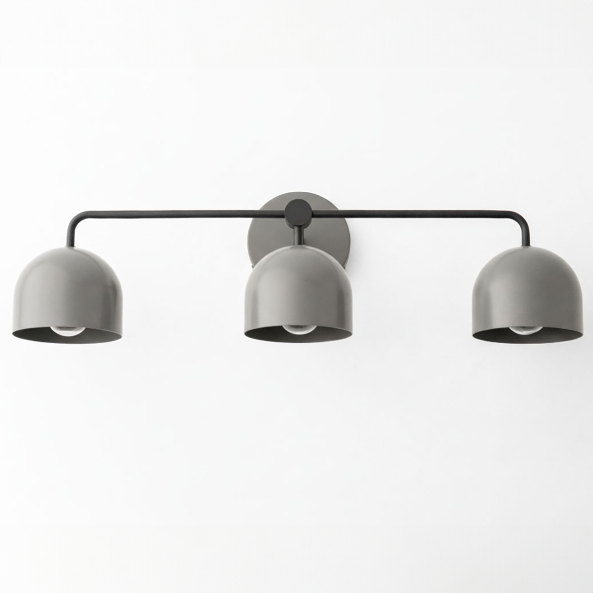 Mid-century modern three-bulb vanity light with matte black frame and gray dome shades. - VANITY LIGHT MODEL NO. 7456
