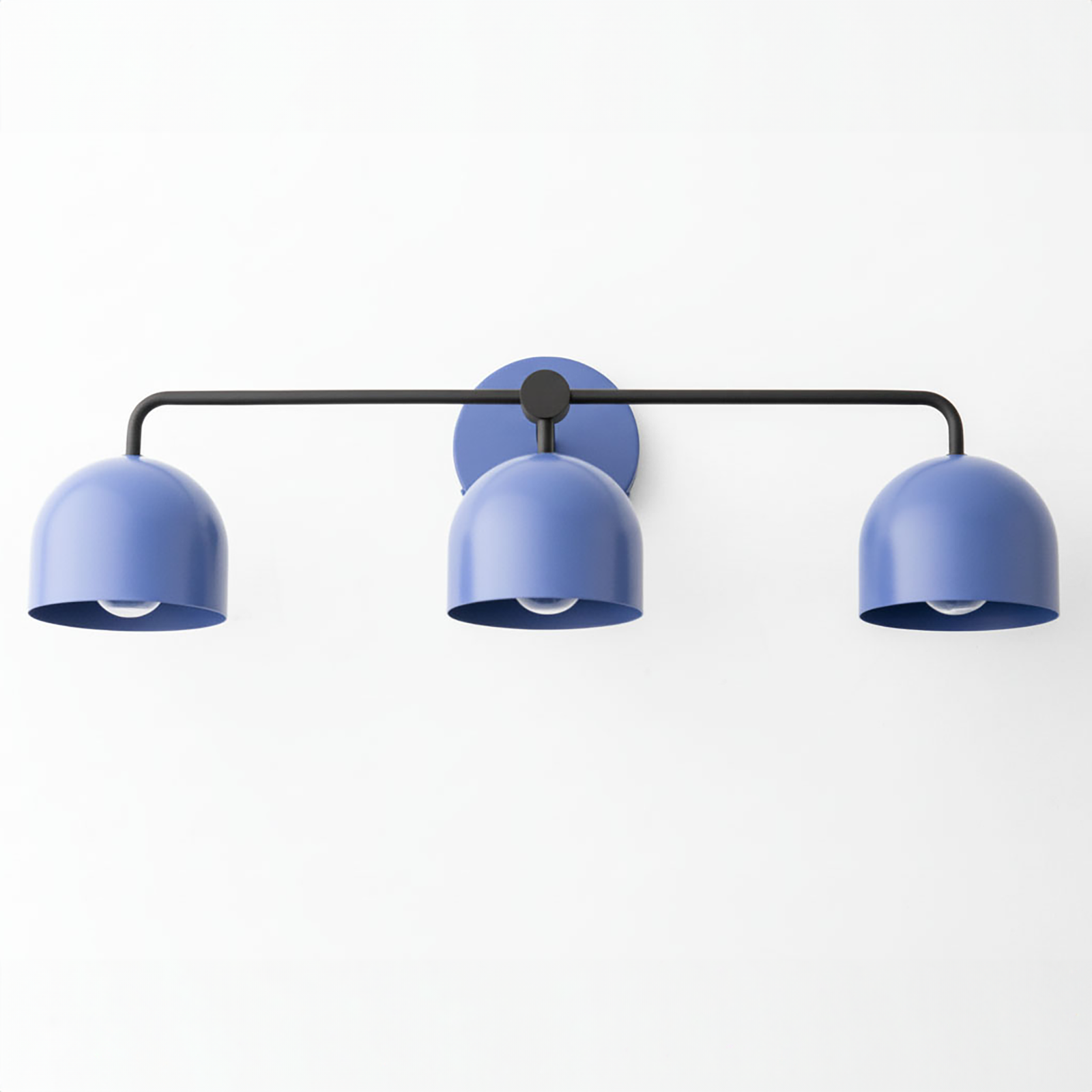 Mid-century modern vanity light with three periwinkle blue dome shades on a black metal frame. - VANITY LIGHT MODEL NO. 7456