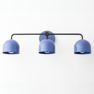 Mid-century modern triple vanity light with matte blue dome shades and black metal frame. - VANITY LIGHT MODEL NO. 7456