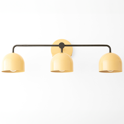Mid-century modern 3-bulb vanity light with matte yellow dome shades and black metal frame. - VANITY LIGHT MODEL NO. 7456