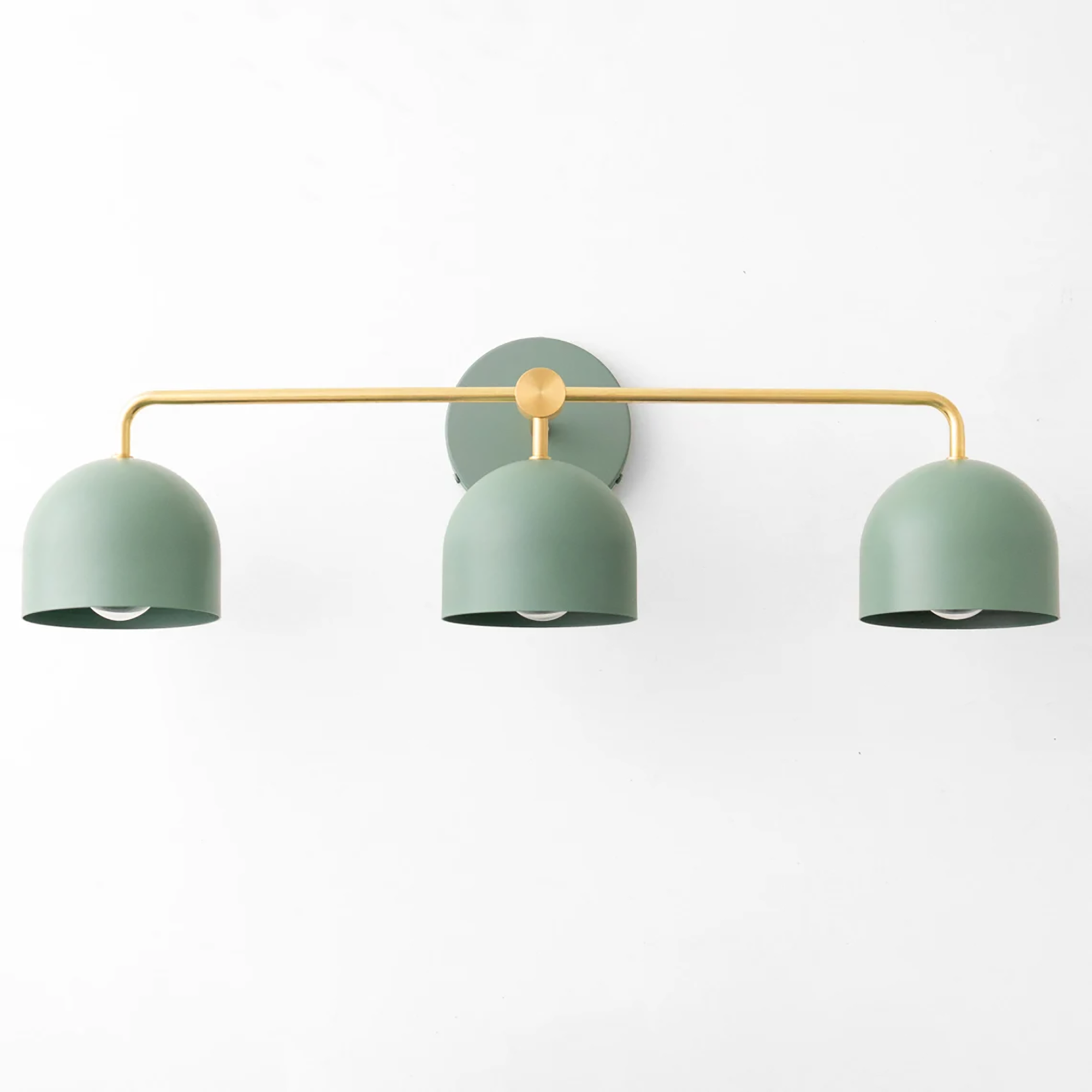 Mid-century modern vanity light with three matte green dome shades and a gold horizontal bar mount. - VANITY LIGHT MODEL NO. 7456