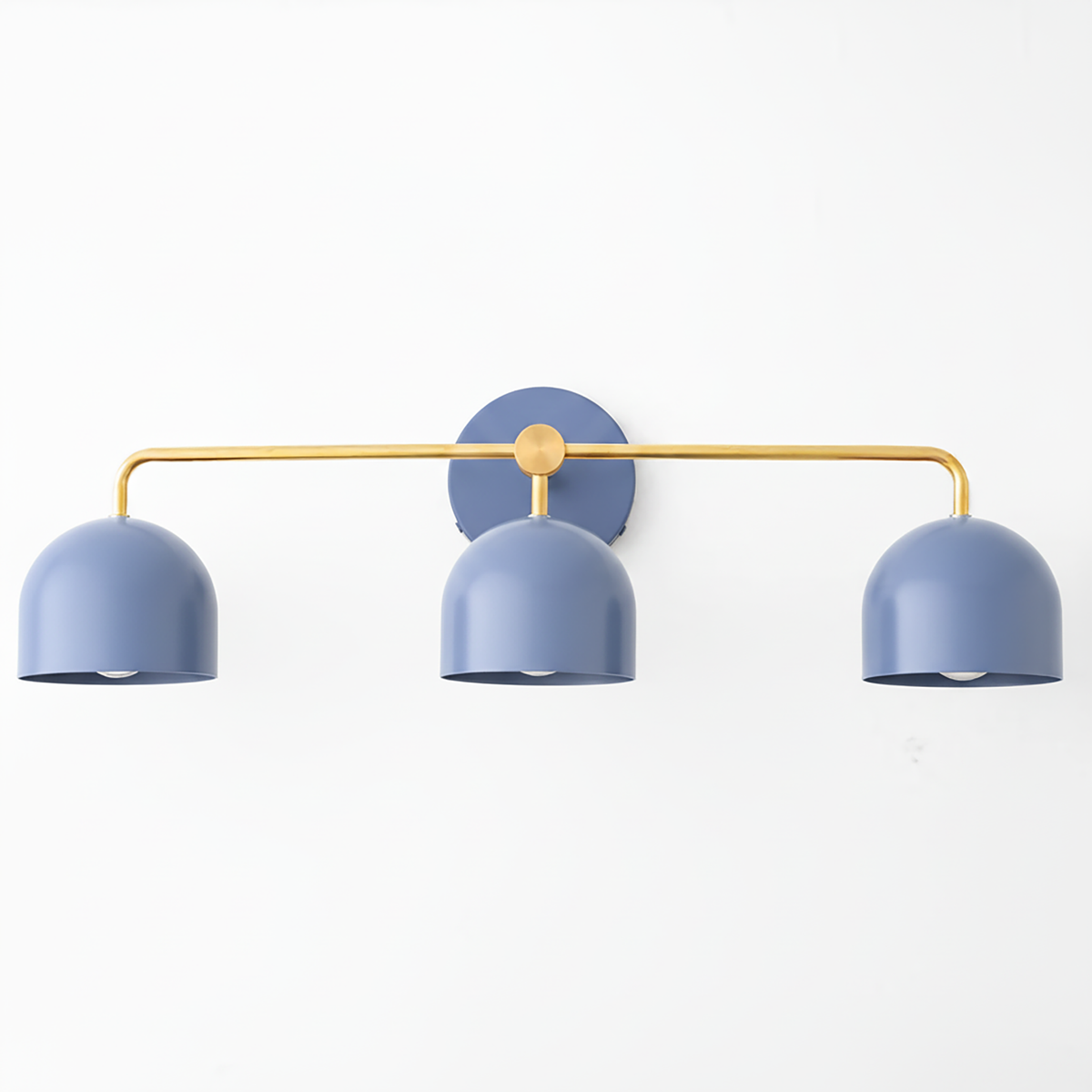 Mid-century modern vanity light with three matte blue metal dome shades and a brass-finished horizontal bar mount. - VANITY LIGHT MODEL NO. 7456