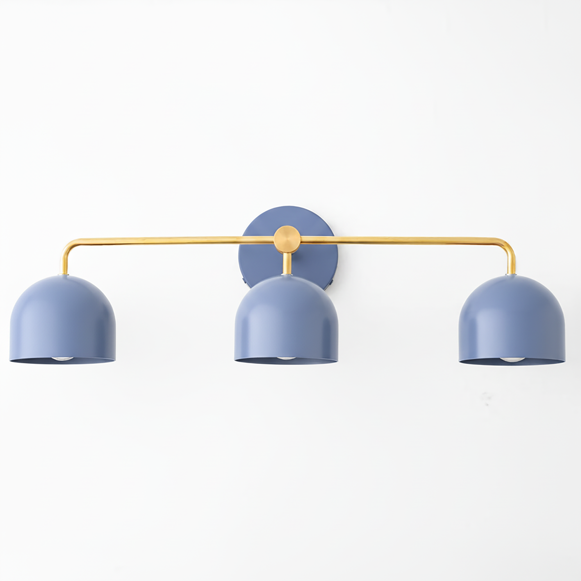 Mid-century modern vanity light with three matte blue metal dome shades and a brass-finished horizontal bar mount. - VANITY LIGHT MODEL NO. 7456