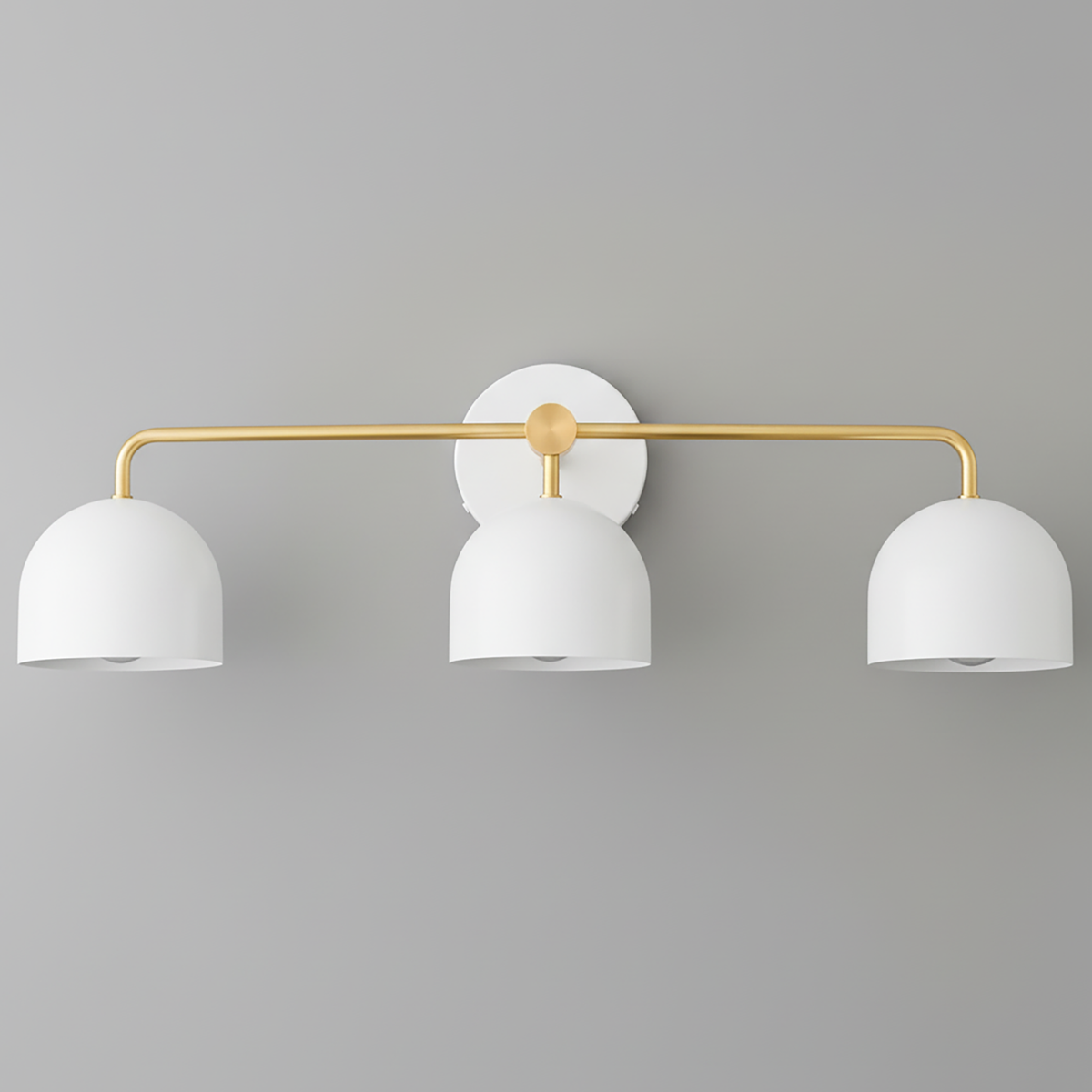 Mid-century modern vanity light with three white dome shades and a brass-finished horizontal bar mounted on a white circular - VANITY LIGHT MODEL NO. 7456