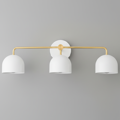 Mid-century modern vanity light with three white bell-shaped shades and a raw brass horizontal bar mounted on a white. - VANITY LIGHT MODEL NO. 7456