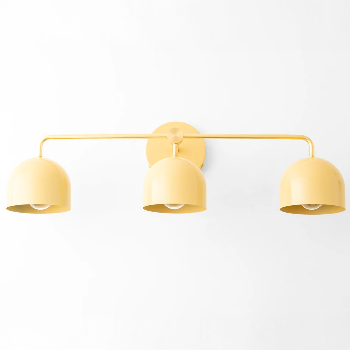 Mid-century modern 3-bulb vanity light with smooth yellow rounded metal shades and a matching horizontal bar mount. - VANITY LIGHT MODEL NO. 7456