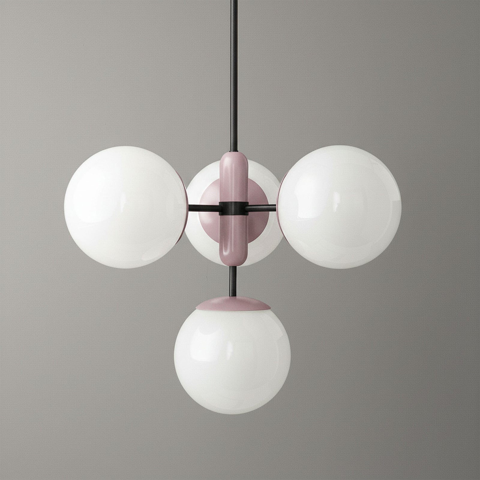 Art Deco chandelier with three white globe lights and mauve black metal frame, Scandinavian style. - CHANDELIER MODEL NO. 4321
