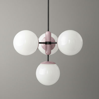 Art Deco chandelier with three white globe lights and mauve black metal frame, Scandinavian style. - CHANDELIER MODEL NO. 4321