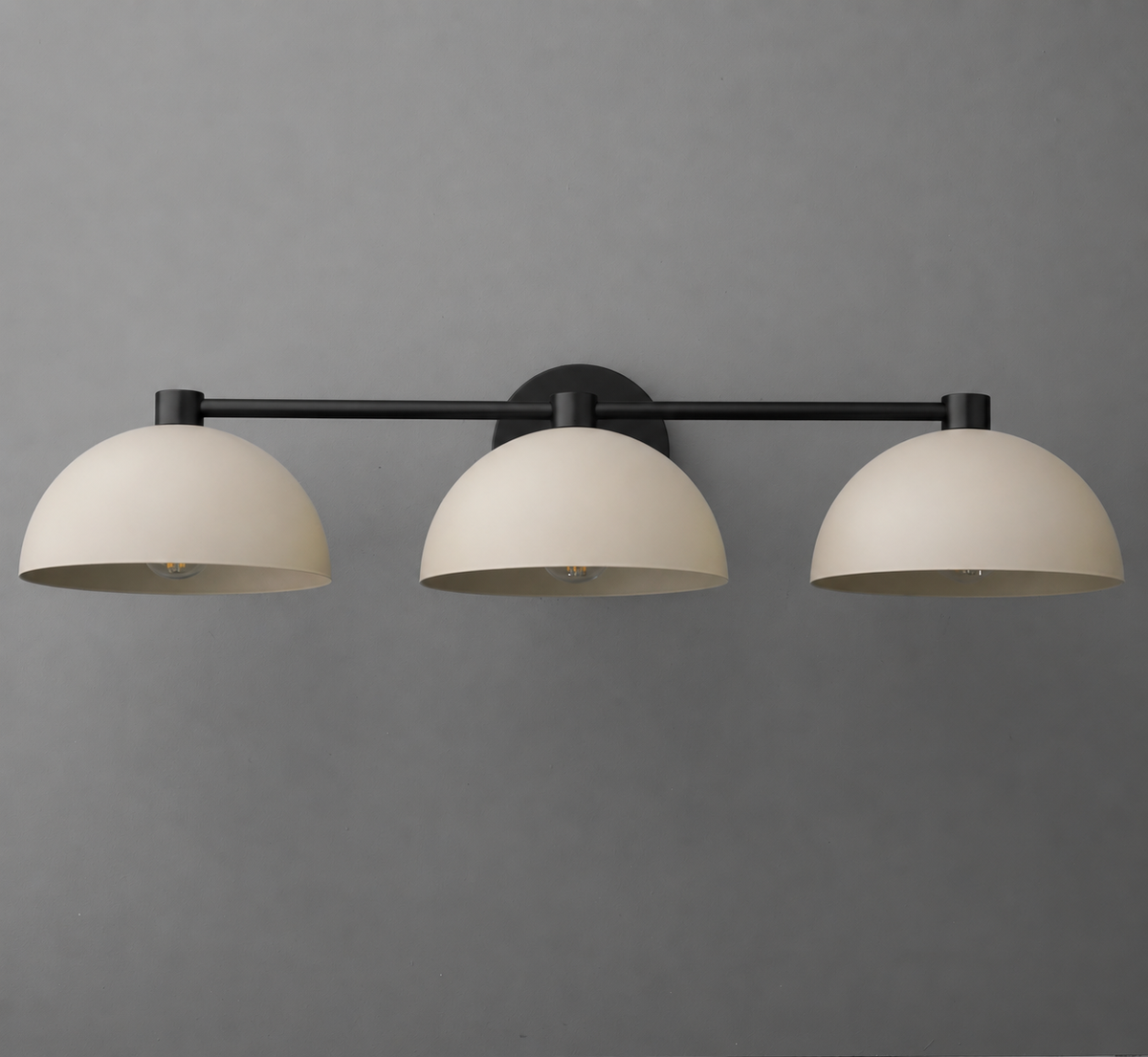 Matte black vanity light with three evenly spaced white dome-shaped glass shades and a central mounting plate. - VANITY LIGHT MODEL NO. 1159