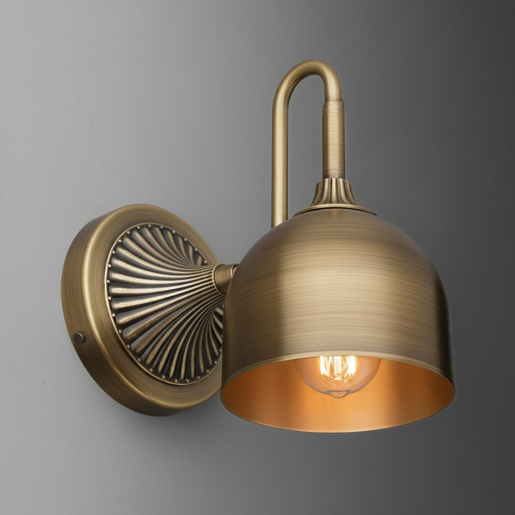 Antique brass 1-bulb wall sconce with dome-shaped shade and fluted backplate. - SCONCE MODEL NO. 3046