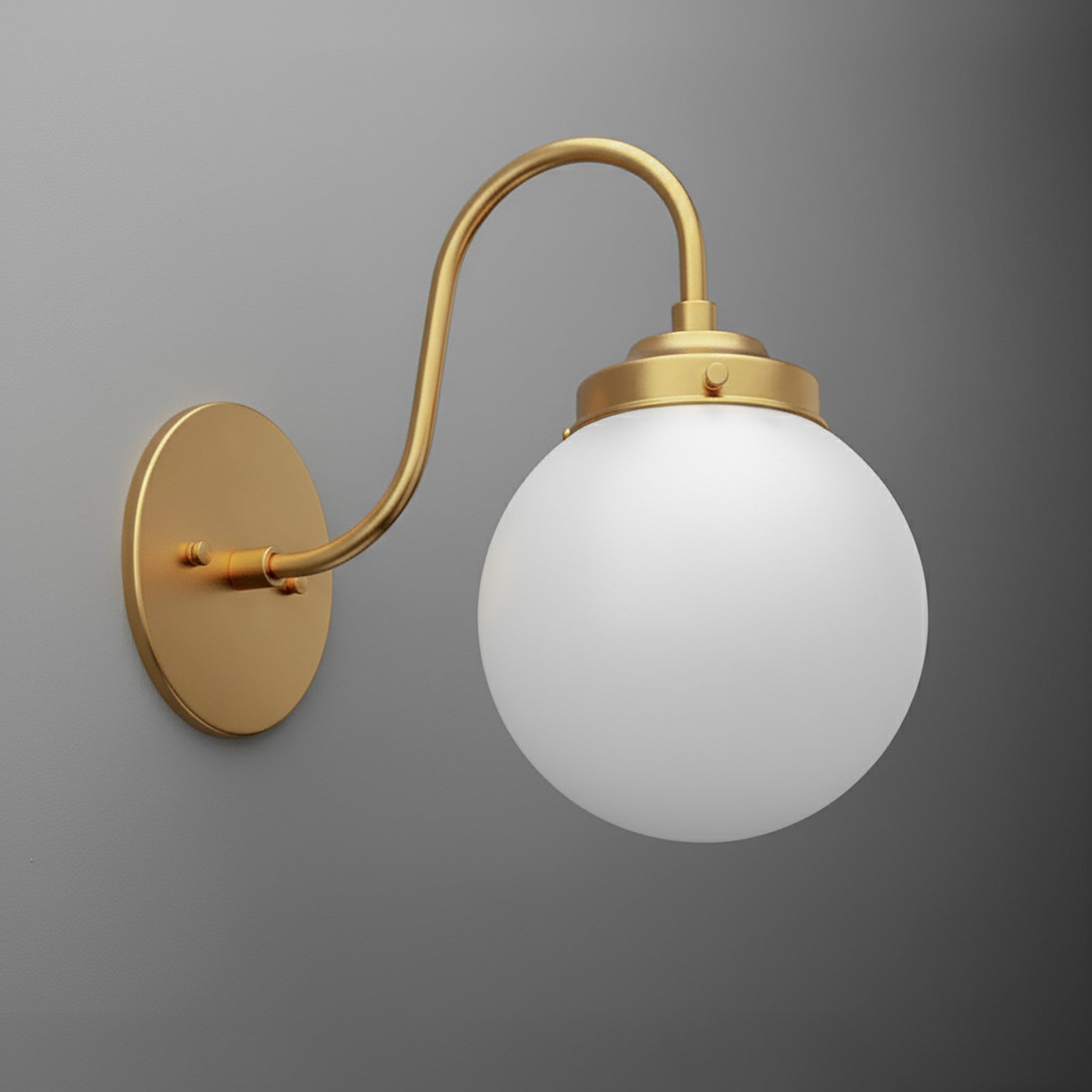 Matte gold single-bulb wall sconce with curved arm and frosted white glass globe shade. - SCONCE MODEL NO. 1886