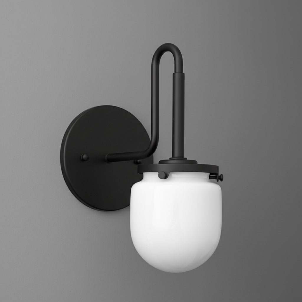 Modern black wall sconce with a curved arm and frosted white glass shade. - SCONCE MODEL NO. 2819