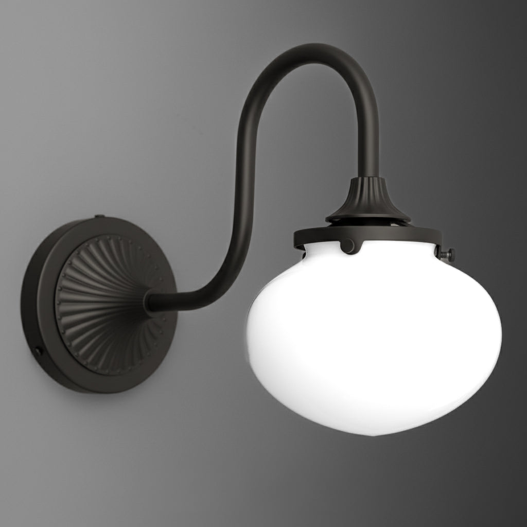 Sconce in Black with a gooseneck arm from a fluted fan wall plate holding a round opal glass bubble shade. - SCONCE MODEL NO. 5310
