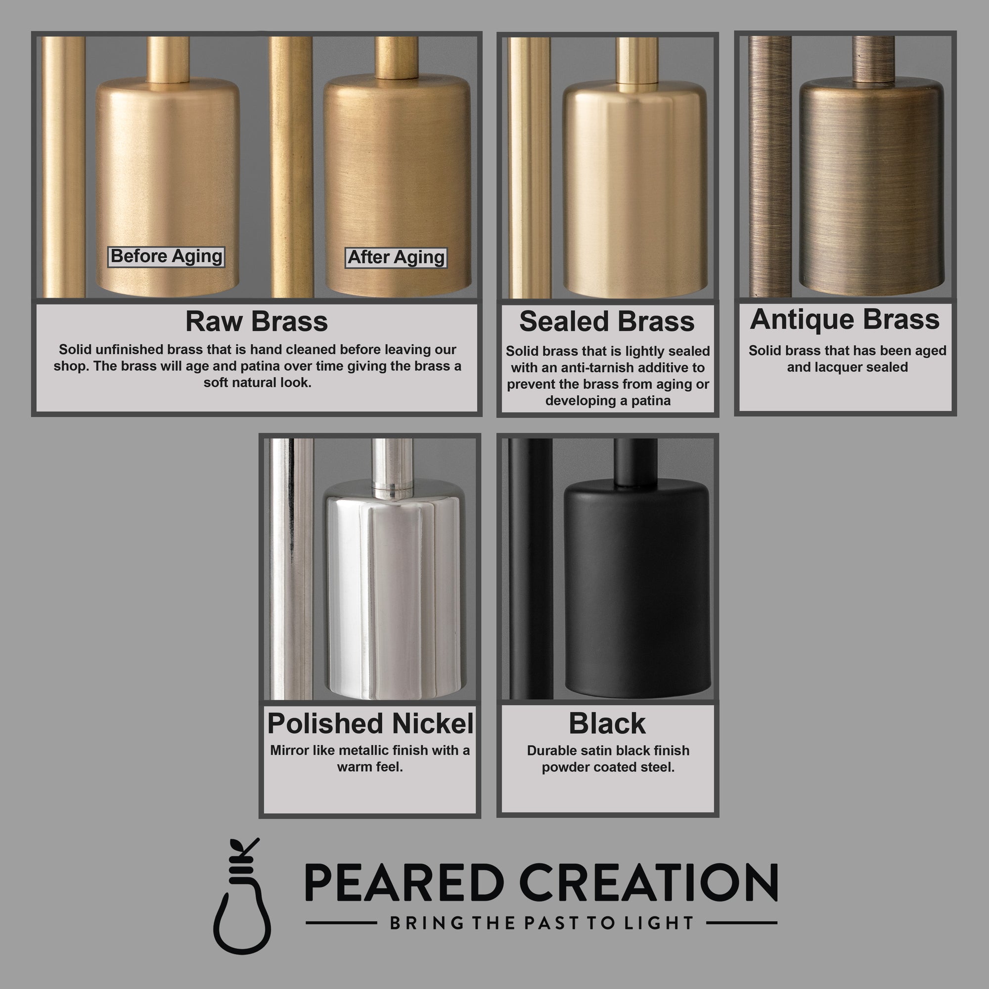 Five wall sconces in antique brass, raw brass, sealed brass, polished nickel, and black finishes with rectangular bases and. - SCONCE MODEL NO. 6857