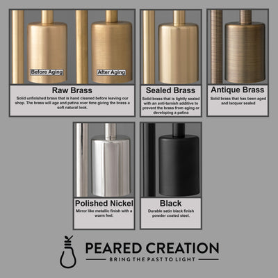 Set of metal sconce finishes showing Raw Brass, Sealed Brass, Antique Brass, Polished Nickel, and Black options in. - SCONCE MODEL NO. 9874