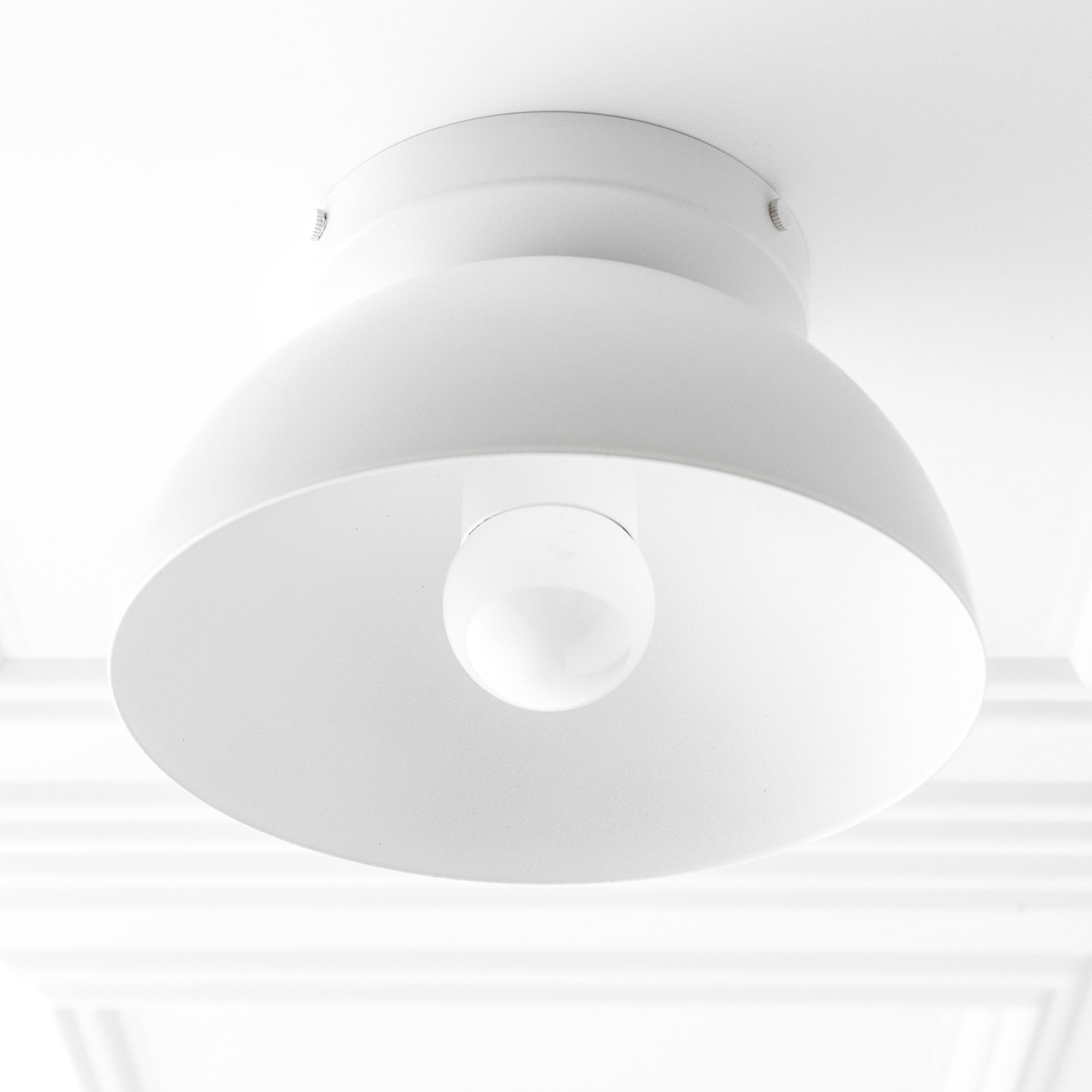 Matte white dome-shaped flush mount ceiling light with exposed bulb in Scandinavian style. - CEILING LIGHT MODEL NO. 9105