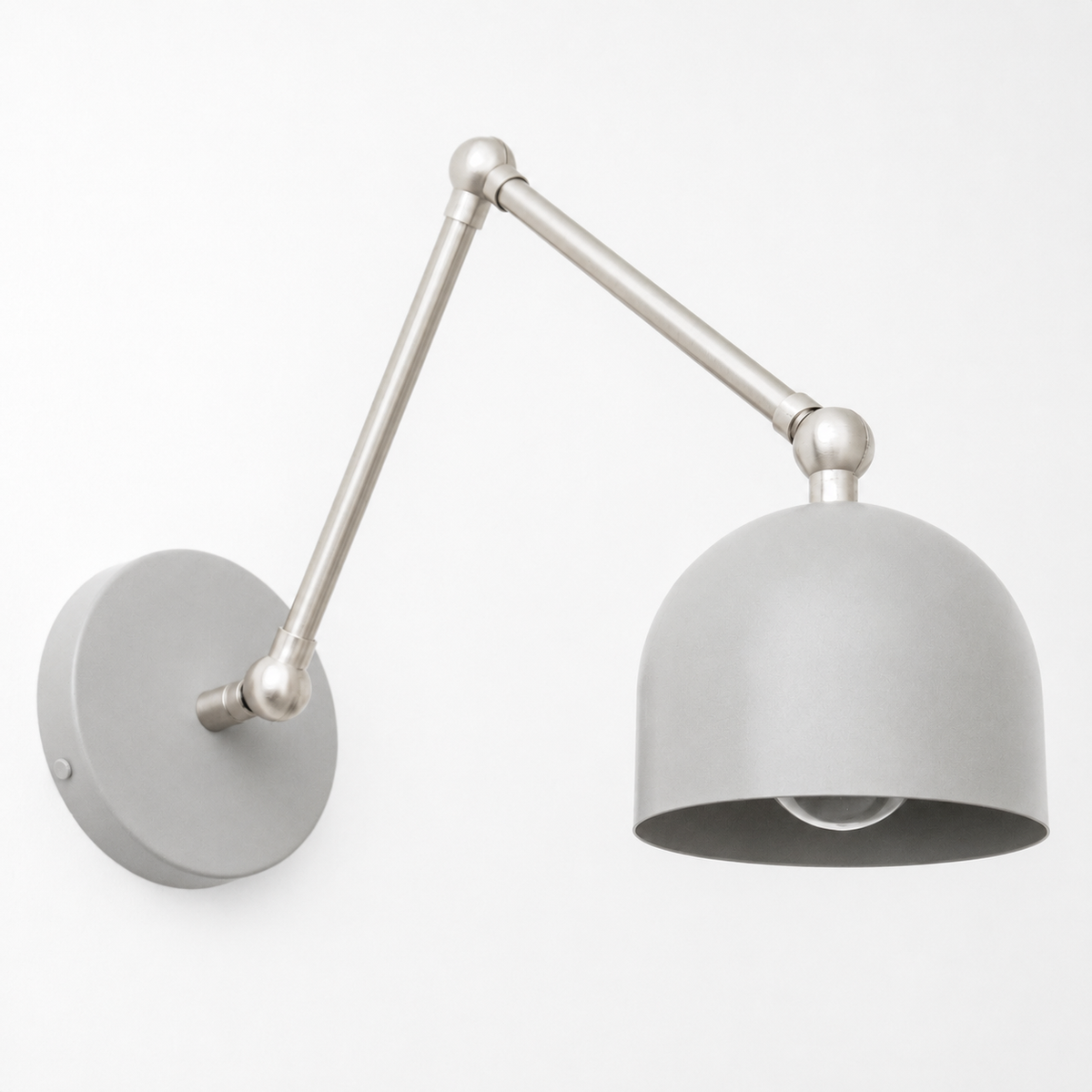 Matte silver adjustable wall sconce with dome-shaped metal shade and exposed bulb design. - SCONCE MODEL NO. 5998