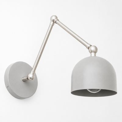 Matte silver adjustable wall sconce with dome-shaped metal shade and exposed bulb design. - SCONCE MODEL NO. 5998