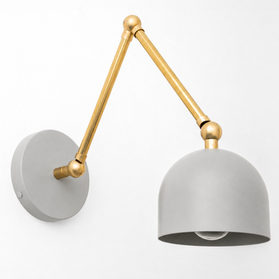 Adjustable industrial wall sconce with matte gray dome shade and brass articulated arm. - SCONCE MODEL NO. 5998