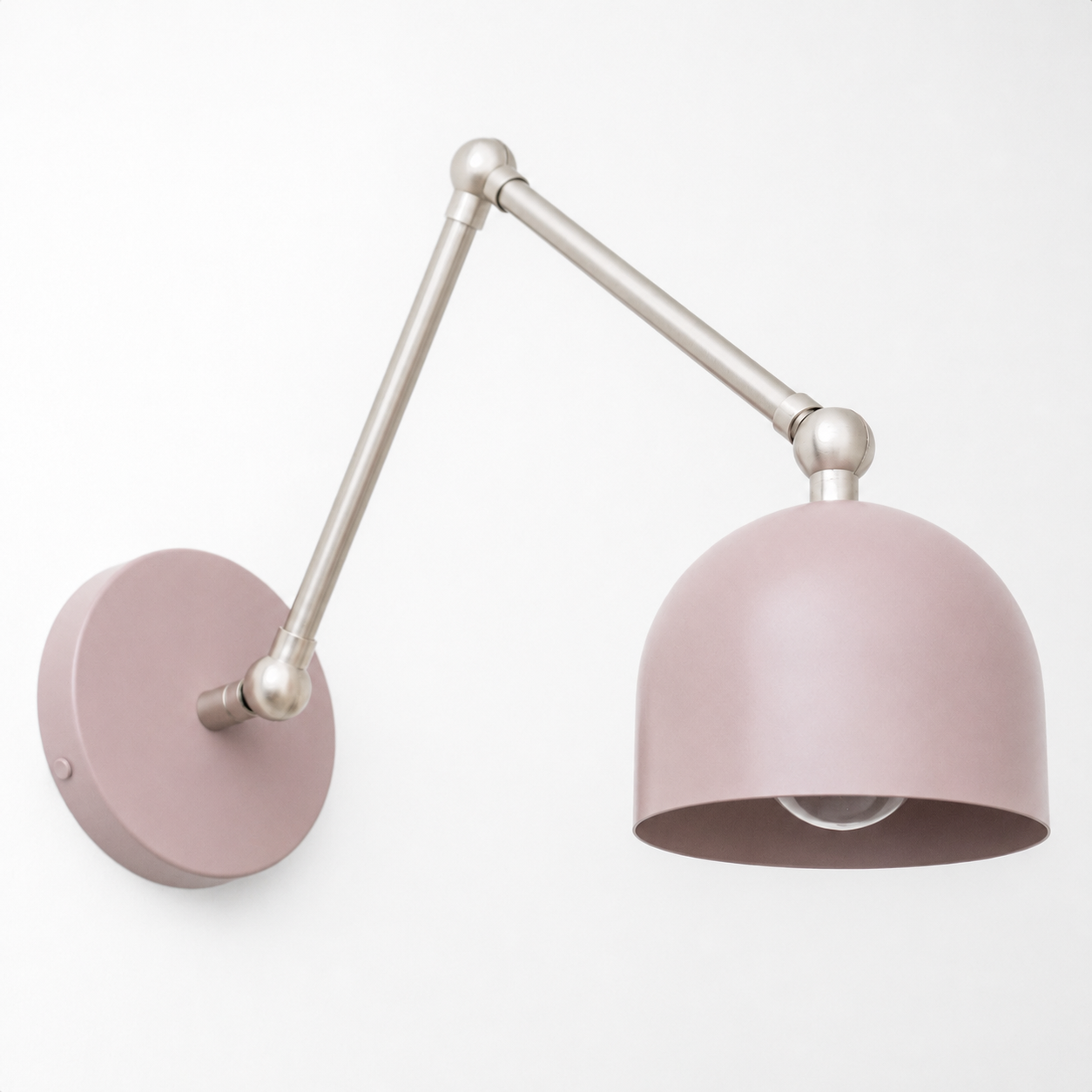 Adjustable wall sconce with matte pink dome shade and brushed metal articulated arm. - SCONCE MODEL NO. 5998