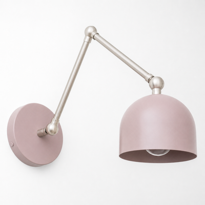 Adjustable wall sconce with matte pink dome shade and brushed metal articulated arm. - SCONCE MODEL NO. 5998