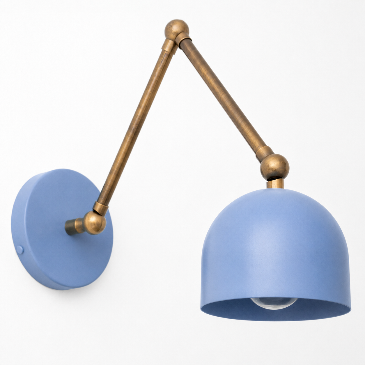 Blue dome-shaped metal shade wall sconce with adjustable brass arm and round wall mount. - SCONCE MODEL NO. 5998