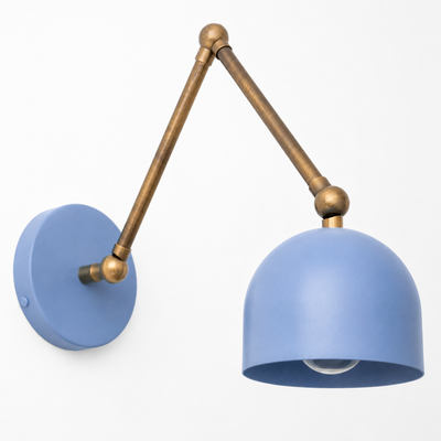 Blue dome-shaped metal shade wall sconce with adjustable brass arm and round wall mount. - SCONCE MODEL NO. 5998