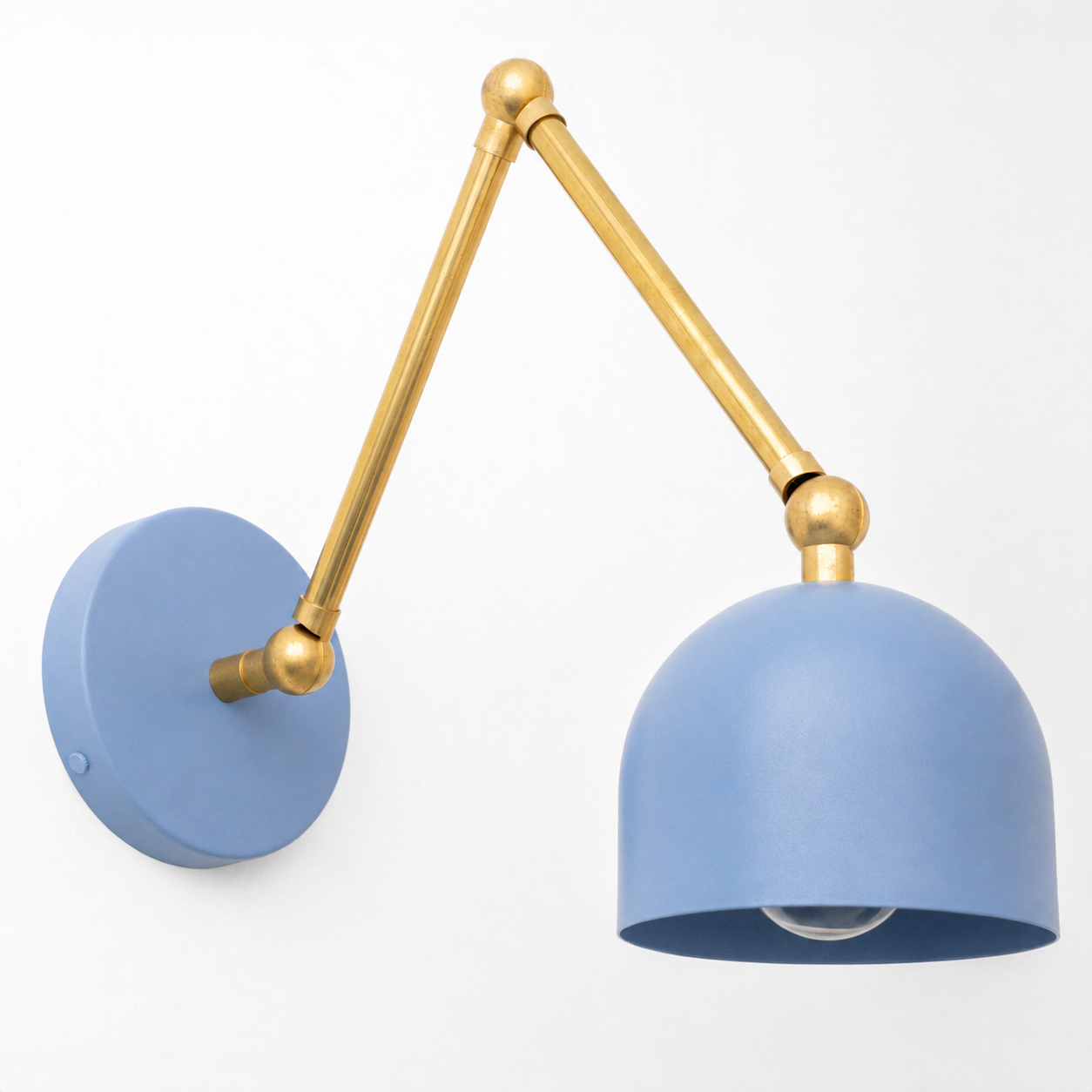 Adjustable industrial wall sconce with matte blue dome shade and matte gold articulated arm. - SCONCE MODEL NO. 5998