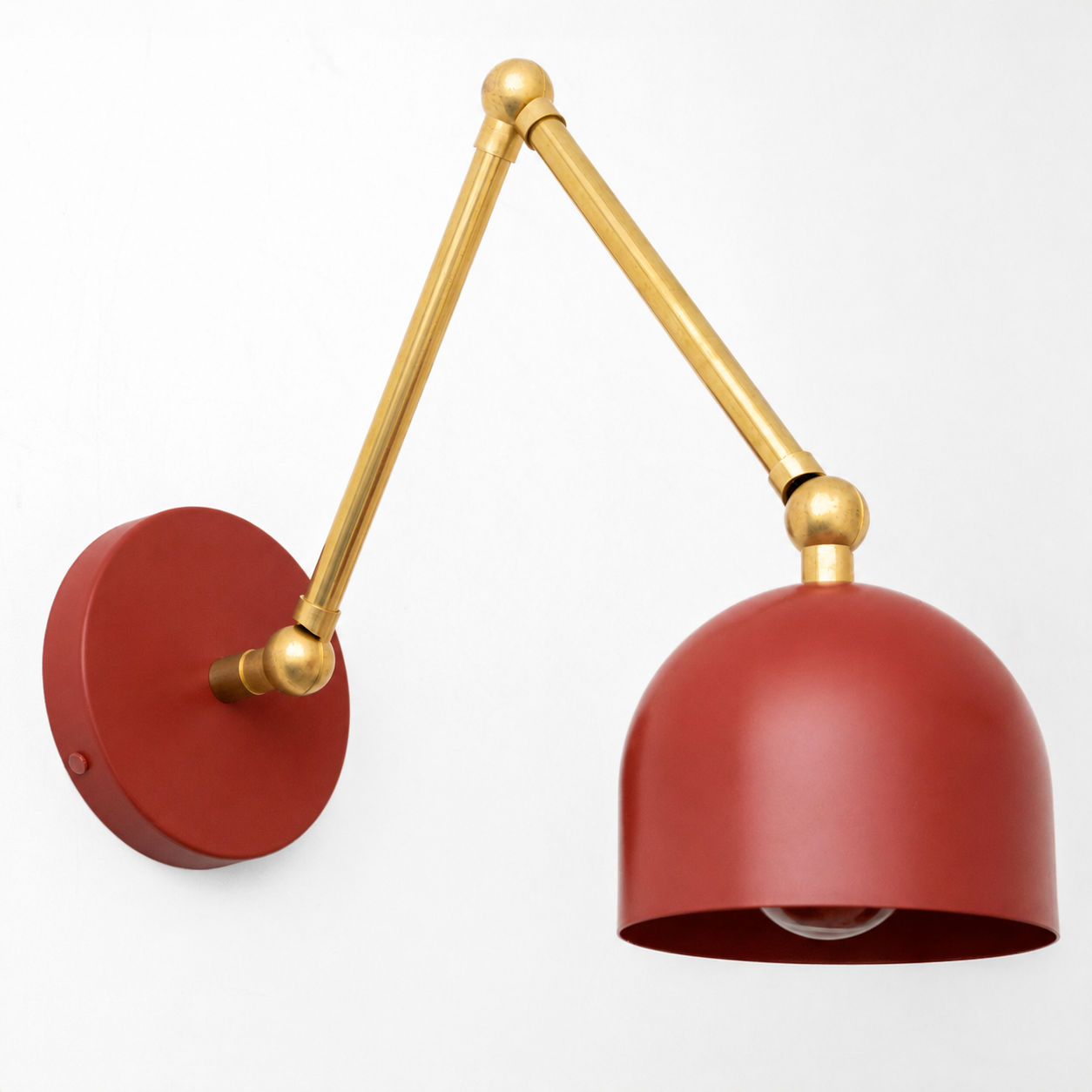 Adjustable industrial wall sconce with matte red dome shade and brass-finished articulated arm. - SCONCE MODEL NO. 5998