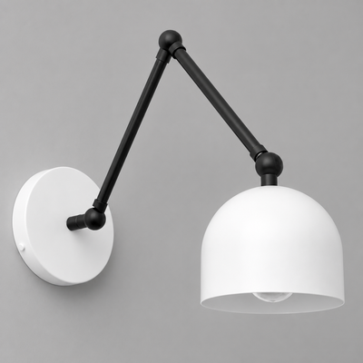 Black adjustable metal arm wall sconce with white dome-shaped shade and round base. - SCONCE MODEL NO. 5998