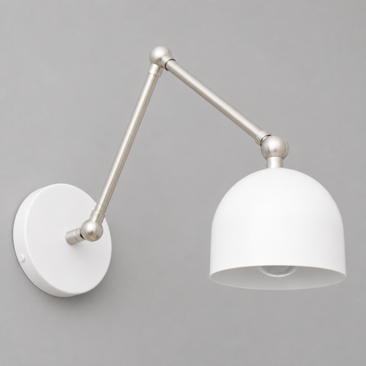 White dome shade wall sconce with adjustable brushed nickel arm and round base. - SCONCE MODEL NO. 5998